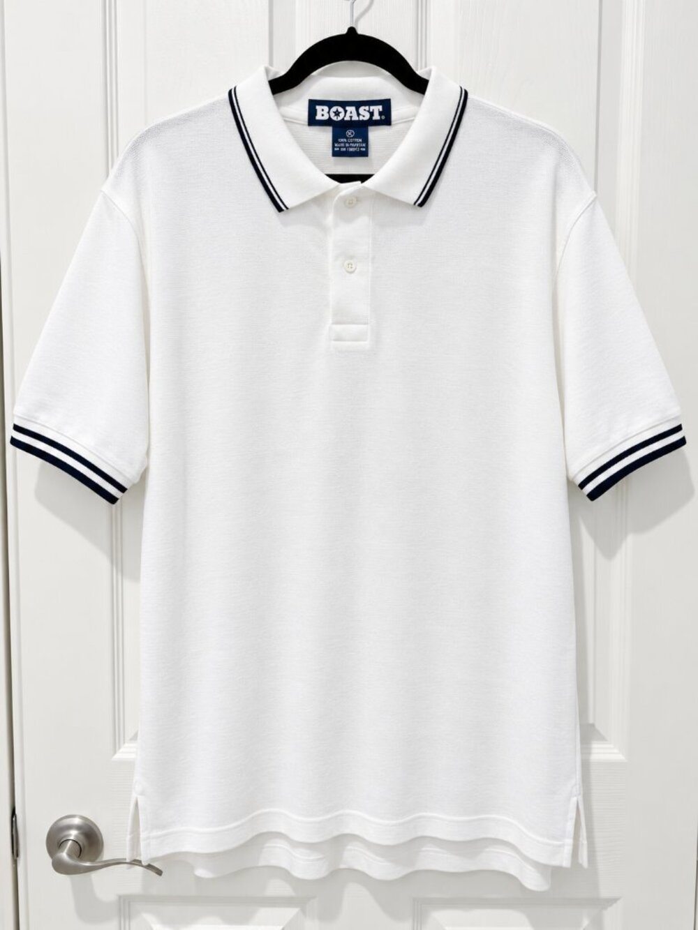 BOAST Men’s XL White Black Stripe Cuff Tennis Polo Shirt Made in USA Preppy